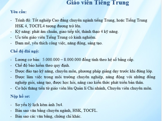 Tuyển Dụng Giáo Viên Tiếng Trung 